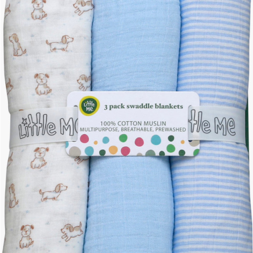 Little Me 3-Pack Puppy Cotton Muslin Swaddle Blankets