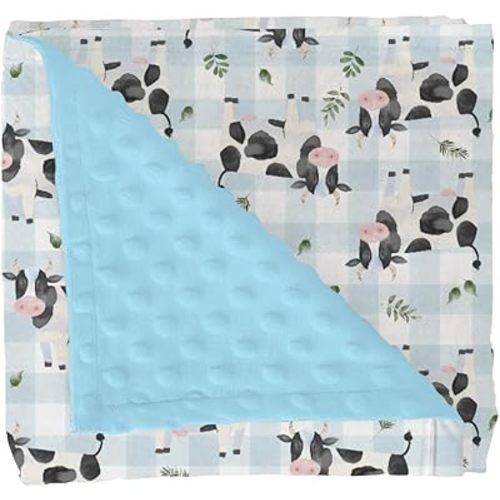 Dairy Cows Spring Baby Blankets for Girl Boy Cow Boho Leaves Blue White Plaids Soft Mink Dotted Backing Double Layer Swaddle Blanket Farm Animals Bed Throws for Newborn Toddler Crib Stroller 30x40