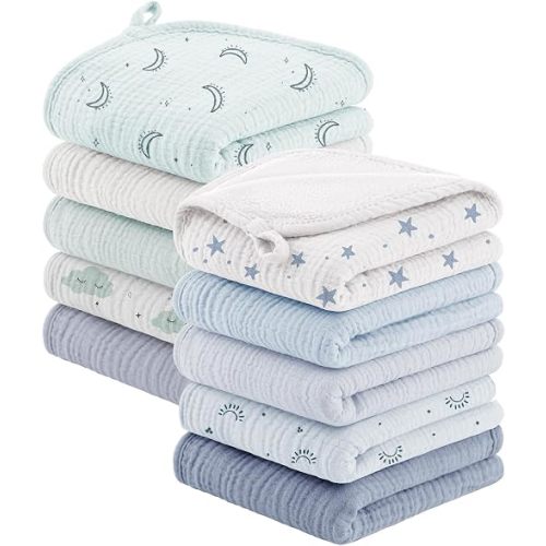 Bearmoss 10 Pack Muslin Burp Cloths, Soft Absorbent Baby Burping Cloths for Unisex Boys and Girls, Newborn Essentials Large Extra Washcloths, 20x10 inches