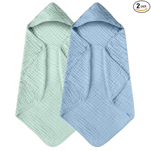 Hooded Baby Towels for Newborn 2 Pack 100% Muslin Organic Cotton Baby Bath Towel with Hood for Babies, Infant, Toddler and Kids, 32x32Inch, Soft and Absorbent Newborn Essential,Blue&Green