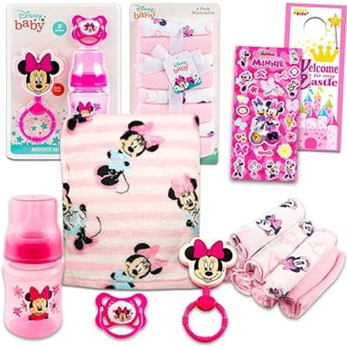 Disney Minnie Mouse Baby Gift Set, Baby Shower Gifts Girls - 20 Pc Newborn Essentials Bundle with Washcloths, Pacifiers, Bottle, Scrapbook Stickers, More | Minnie Baby Shower Gift Set