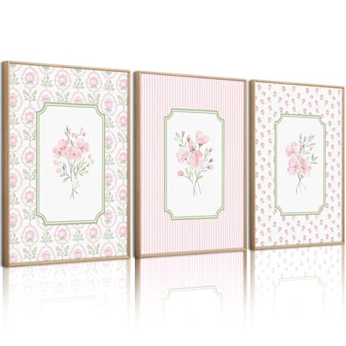 Pink Floral Wall Art Nursery Flower Canvas Wall Decor Baby Girl Wildflower Pictures Aesthetic Striped Botanical Poster Prints Pink Green Floral Painting Artwork for Girl Room 12x16 Inch Unframed 3Pcs