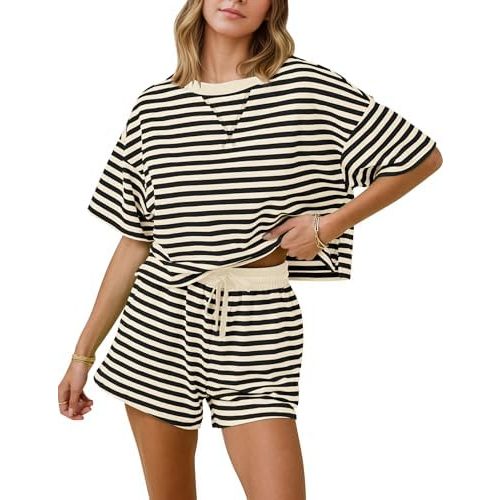 MISSACTIVER Womens Lounge 2 Piece Sets Summer Striped Matching Pajamas Set Short Sleeve Oversized T Shirts Drawstring Shorts