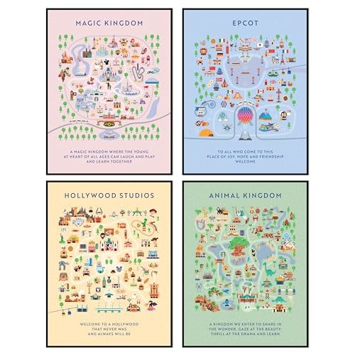 Amusement Theme Park Map Poster – Unframed 12x16 Inch Posters & Prints – Iconic Fantasy Magic Kingdom, Epcot, Studios, Animal Park – Teen Kids Boys Room and Girls Bedroom Adventure Wall Art Decor