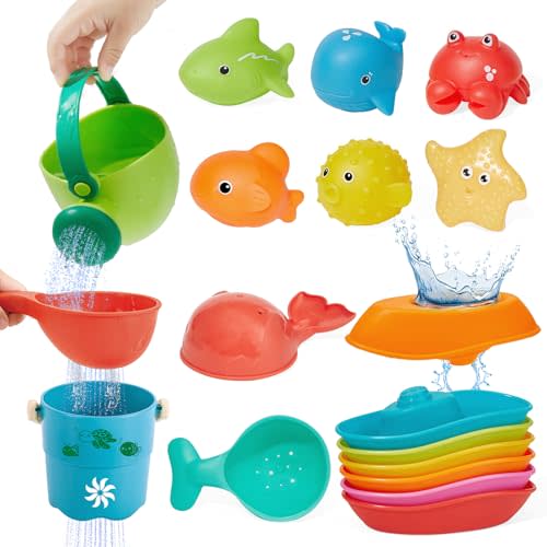 Baby Bath Toys for Kids, 16PCS Mold Free Bathtub Water Play Toys with Floating Boats Bucket Watering Can Spoons and Storage Bag, No Holes Animal Floating Pool Toys for Babies and Toddlers