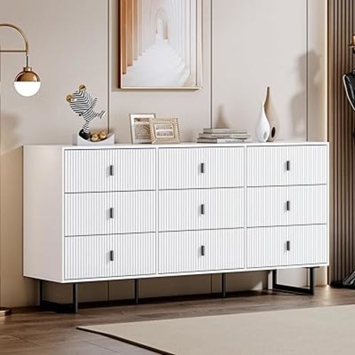 Modern Chest of Drawers with 9 Drawers,Deep Drawers,Clothes Organizer,Large Storage Cabinet for Living Room, Bedroom,Hallway,with Anti-Tipping Device, White