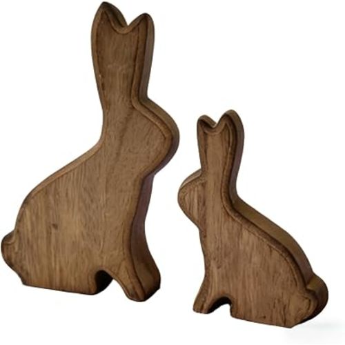 FESTGLOX Wood Easter Bunny Decor, 2Pcs Rustic Wooden Rabbit Figurines, Natural Wooden Bunny Statues with Minimalist Design for Farmhouse Spring Home Decor, Mantel Shelf Centerpiece, Unique Gift