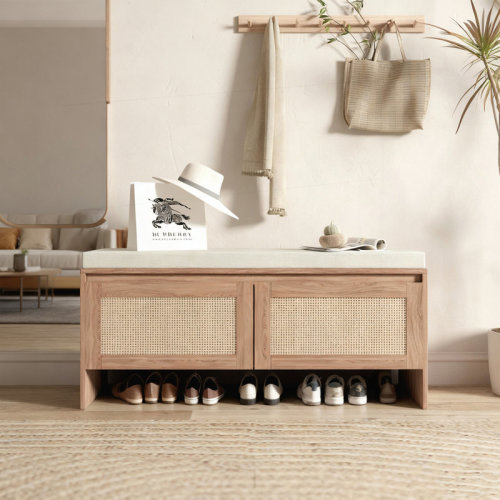 Rebrilliant PP Rattan Storage Bench With Cushion, Faux Rattan Shoe Cabinet With 2 Doors, Mid-Century Modern Wood Entryway Seat, For Bedroom, Hallway, Mudroom | Wayfair