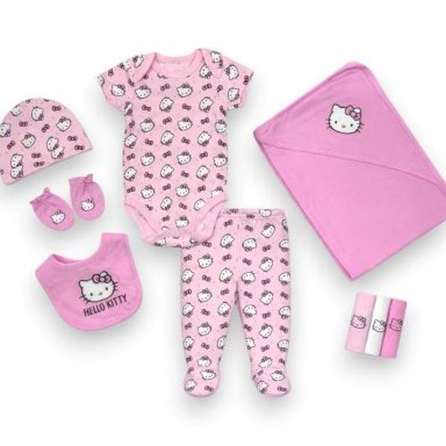 Hello Kitty Baby Girls' 10-Piece Essential Layette Set-Bodysuit, Footed Pants with Beanie, Bib, Mittens, 3pc Washcloths & Blanket, Pink, 6 Months