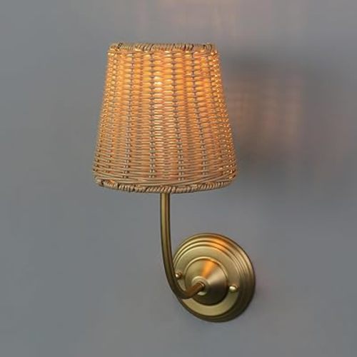 Yosoan Rattan Boho Wrapped Wall Sconce Light, Indoor Hardwired Gold Hand-Woven Farmhouse Vintage Wall Lamp, Brass Handmade Shade Wall Mount Fixture for Reading Bedside Bedroom Nursery Rustic(Antique)