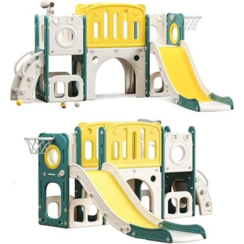 MOCUTEEN 8 in 1 Toddler Slide,Baby Playset for Indoor Outdoor Playground with Basketball Hoop,Storage and Telescope,Climbing Toys for Toddler Playground Playset
