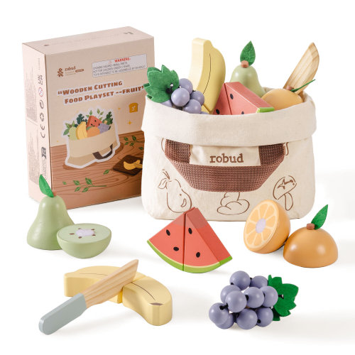 Zoomie Kids Asjad Wooden Play Food Cutting Fruits Set, Pretend Play Toy Food for Play Kitchen with Shopping Bag | Wayfair