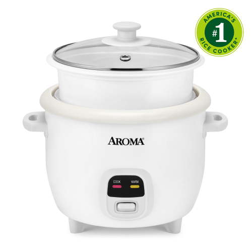 AROMA® 6-Cup Rice Cooker & Food Steamer with Bonded Granite® Nonstick Ceramic & Pop-Up Steam Tray - White