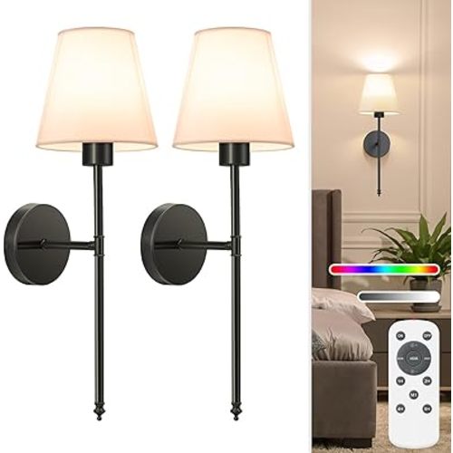 NIORSUN 19.9 inch Battery Operated Wall Sconce Set of 2,Black Rechargeable Wall Lights with 10400mAh Dimmable Detachable Bulbs and Remote,10 Colors Wireless Sconces for Bedroom Living Room Hallway