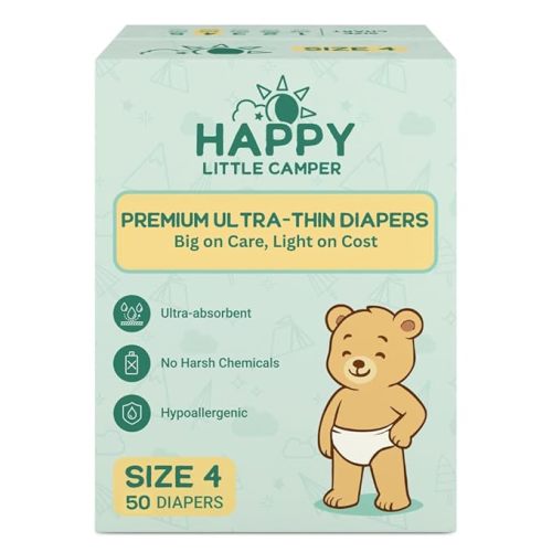 Happy Little Camper Ultra-Absorbent Natural Baby Diapers Size 1 - Hypoallergenic & Chlorine-Free Disposable Diaper Safe for Sensitive Skin - Unscented Newborn Diapers - 36 Count