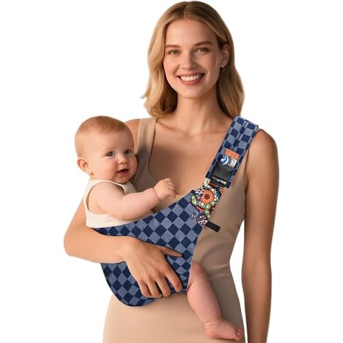 Baby Sling Carrier, Baby Carrier Newborn to Toddler with Adjustable Strap, Non-Slip Baby Half Wrapped Sling Hip Carrier 10-30lbs (Blue Square)