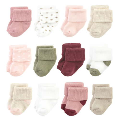 Hudson Baby Infant Girl Cotton Rich Newborn and Terry Socks, Mauve Sage Dot, 0-6 Months