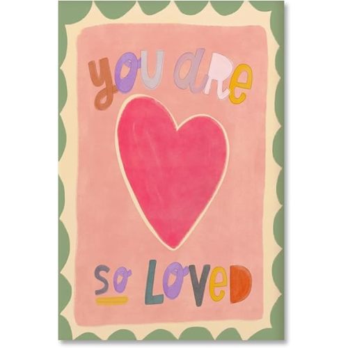 You Are So Loved Nursery Wall Art Watercolour Hand Drawn Print Cute Pink Heart Cottagecore Decor Colourful Inspirational Quote Canvas Poster for Kids Bedroom Playroom 8x12inch Unframed