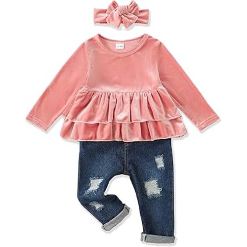 Renotemy 12-18 Month Girl Clothes Fall Winter Baby Girl Cowgirl Outfits Pink Velour & Velvet Clothes for 1 Year Old Girl Jeans Pants Set