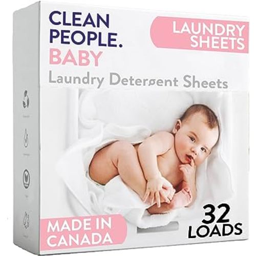 The Clean People Unscented Baby Laundry Detergent Sheets - Hypoallergenic - Ultra Concentrated, Recyclable Packaging, Fights Stains & Odors on Baby Clothes & Bedding - Fragrance Free, 32 Pack