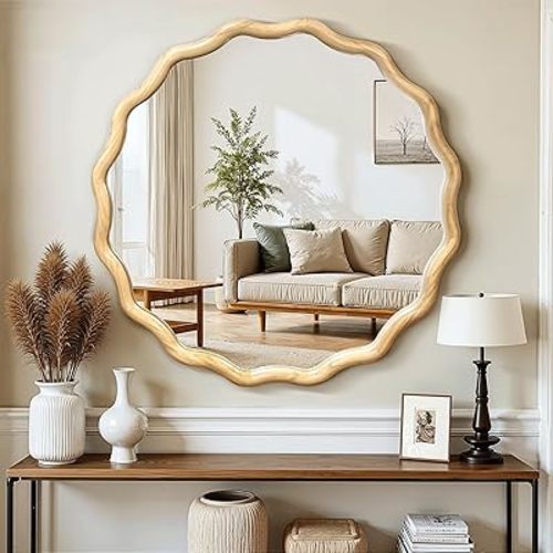 Circle Wood Mirrors for Wall, Wavy Round Bathroom Scalloped Mirror Wooden Frame 24 Inch for Living Room Farmhouse Bedroom Hallway Entryway Living Room with Shatterproof Glass Wall Mounted