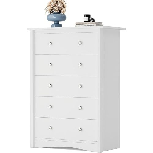 YESHOMY Tall Dresser for Bedroom with 5 Drawers, Modern Chest of Drawers, Wooden Dressers, TV Stand for Living Room,Closet, Hallway (White)