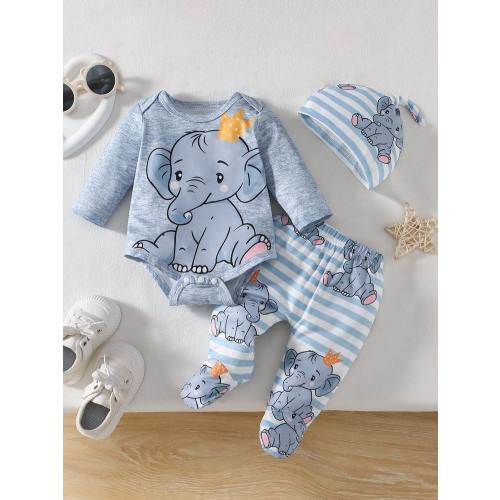 Crown Elephant Baby Four-Piece Set: Cartoon Print Jumpsuit + Striped Pants + Matching Hat And Socks - Fresh And Cute Outfit | SHEIN USA