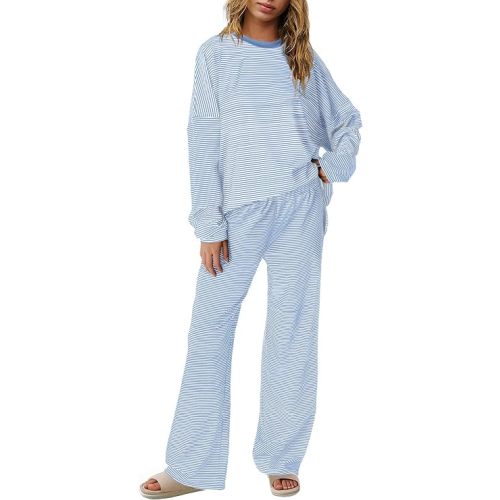 Panadila Womens 2 Piece Lounge Sets Striped Long Sleeve Pajama Set Oversized Tshirts Wide Leg Pant Loungewear