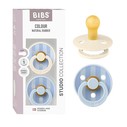 BIBS Pacifiers - Studio 2 Pack | Round Nipple Baby Pacifier | BPA Free Natural Rubber Latex Soother | Made in Denmark | Size 0+ Months | Block Baby Blue Dusty Blue