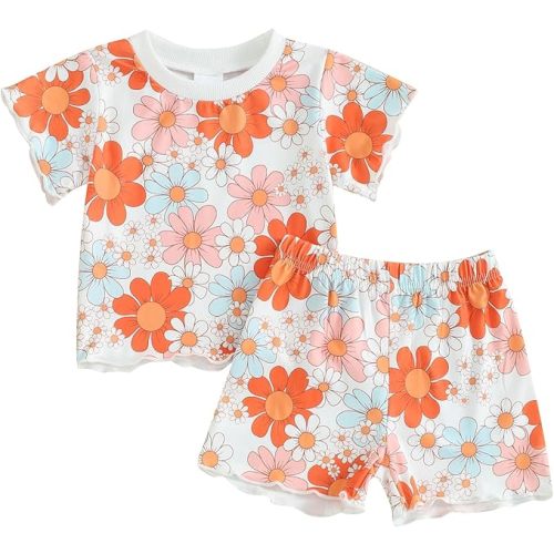fhutpw Toddler Baby Girls Summer Outfits Daisy Ruffle Short Sleeve T-Shirts Tops Floral Shorts 2Pcs Clothes Set 6M-4T