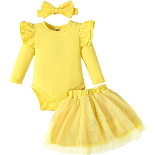 Baby Girl Ruffle Sleeve Romper Dress Newborn Solid Color Dress Bow Outfit Infant Jumpsuit Tutu Skirt Set Clothes