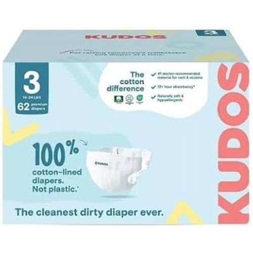 Kudos Chlorine Free Premium Diapers, Cotton-Lined, Size 3, 31 * 2=62 Count, 14-24 lbs