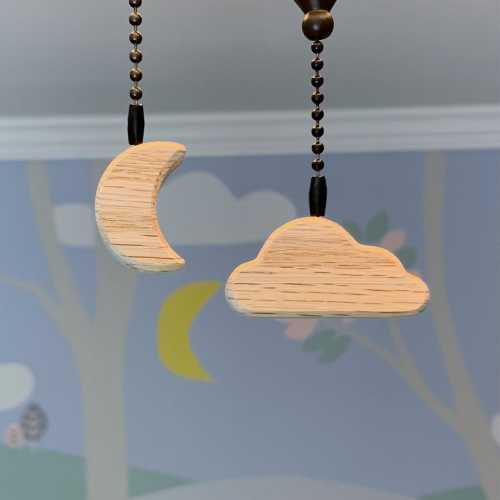 Cloud and Moon Ceiling Fan Pulls | Solid Oak Whimsical Decor for Nursery, Bedroom, Kids Room | Easy Install Light Chain Pull