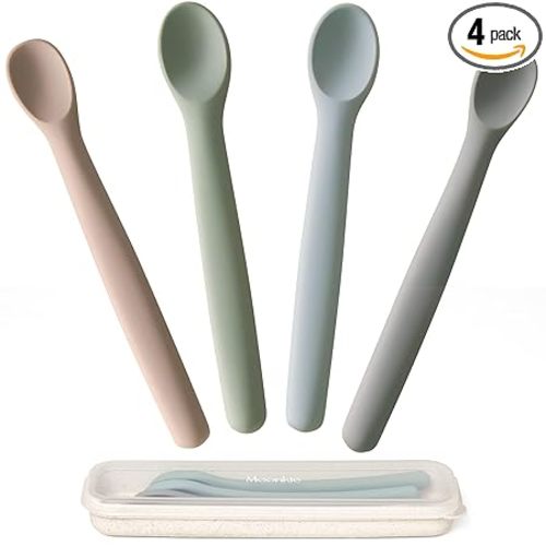 Moonkie Silicone Baby Spoons Set of 4, Toddler Spoons for Self Feeding 6 Months, Two Sizes Feeding Spoons for First Stage 4+ Months, Infant, Baby Utensils with Case, Bendable, Chewproof & Boil-proof