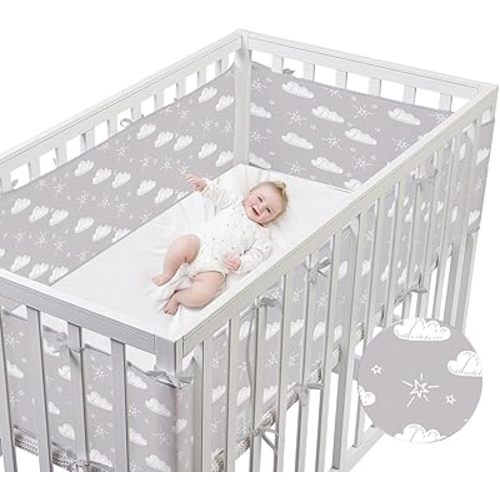 4-Side Enclosure, Upgraded Crib Upholstery Liner, Bumper Enclosure, New Rail - Long Piece (111 in. x 11 in.), Short Piece (82 in. x 11 in.) (Gray Clouds)