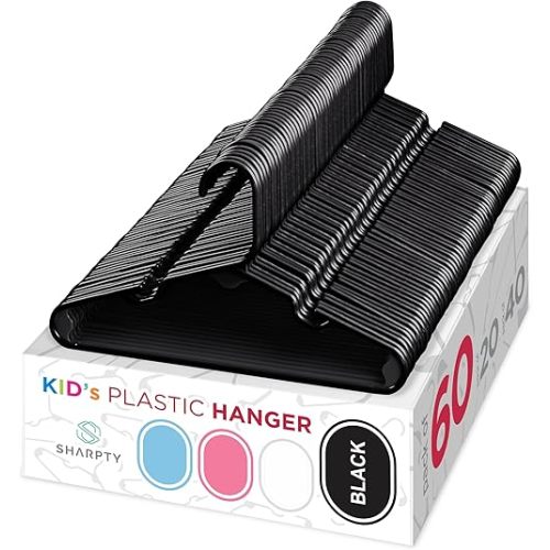 Sharpty Kids Plastic Hangers, Children's Hangers for Baby, Toddler, and Child Clothes - Everyday Standard Use - Ideal for Boys and Girls Closet, Clothing, Pants, Coats, and More - Black, 60 Pack