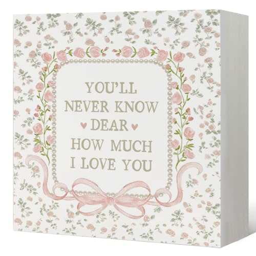 Girl Nursery Decor, Grandmillennial Bow Floral Wooden Box Signs | You'll Never Know Dear How Much I Love You Wood Block Signs Decorations for Girl Nursery Room Desk Shelf Decor, 5x5 Inch
