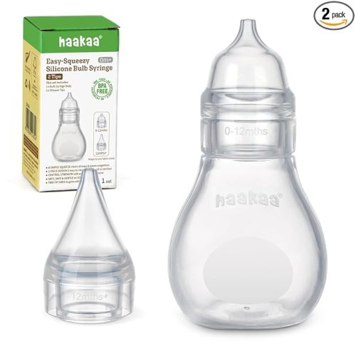 Haakaa Silicone Baby Nasal Aspirator | Nose Bulb Syringe | Easy-Squeezy Baby Nose Cleaner, 0m+ Newborn Infant &Toddler - BPA Free Silicone-2 Tips