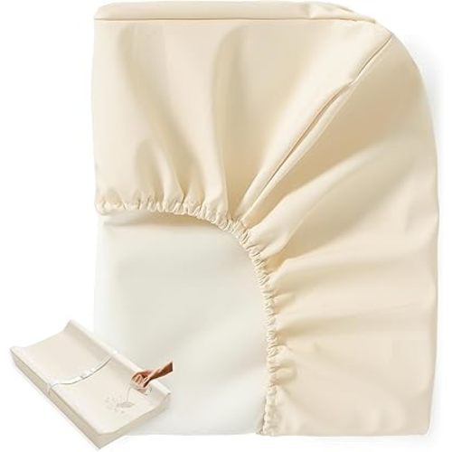 Vegan Leather Baby Changing Pad Covers for Girl, Boy, Waterproof & Wipeable Soft Diaper Changing Mat Cover.Fits Standard Changing Pads with Dimensions of 32" x 16". (Beige)