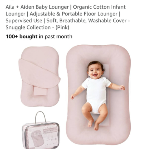 Aila + Aiden Baby Lounger | Organic Cotton Infant Lounger | Adjustable & Portable Floor Lounger | Supervised Use | Soft, Breathable, Washable Cover - Snuggle Collection - (Pink)