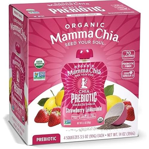 Mamma Chia Strawberry Lemonade Organic Prebiotic Squeeze Snack, Non GMO, No Added Sugar, 14 Ounces (Pack Of 6)