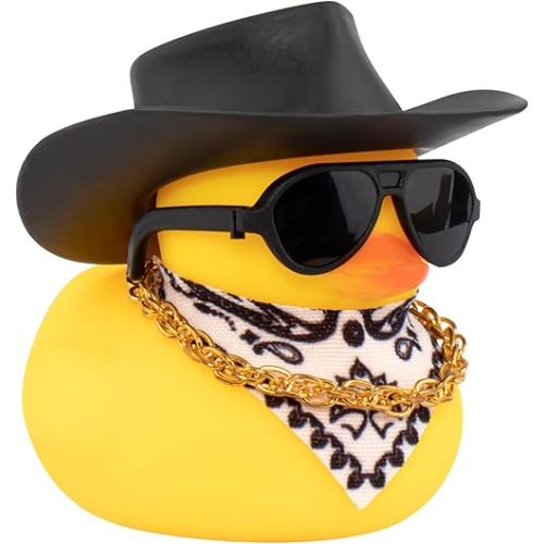 wonuu Car Rubber Duck, Yellow Duck Decoration Dashboard with Sun Hat Necklace Sunglasses for Car Dashboard Decorations, C-Duck-Black Cowboy Hat-Scarf
