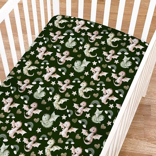 Cute Baby Dragons Love Baby Crib Sheets for Boy Girl 52"x28" Fairytale Dragons Rainbow Hearts Stars Soft Crib Mattress Cover Jungle Animal Breathable Baby Sheets for Standard Crib and Toddler Mattress