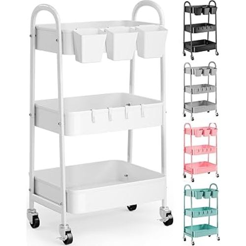 3 Tier Heavy Duty White Metal Rolling Cart with Lockable Wheels, Three Tier Roller Book Snack Cart, Utility Storage Organizer Carts for Kitchen, Bathroom, Garage, Baby Diaper, Craft, Art, Teacher
