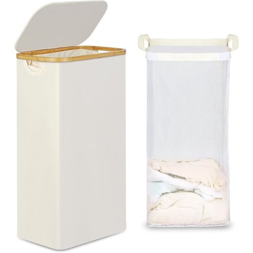 efluky Slim Laundry Basket with Lid, Narrow Laundry Hamper with Removable Bag, Skinny Dirty Clothes Basket with Bamboo Handles for Bathroom, Bedroom & Laundry Room, 75L Beige