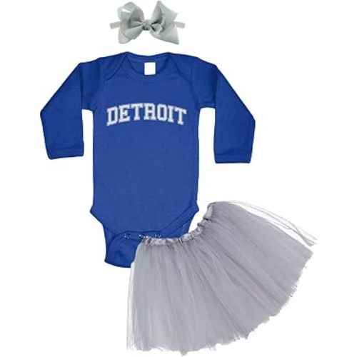 Haase Unlimited Detroit - State Proud Strong Pride Sports Baby Bodysuit + Tutu Skirt + Bow Headband Set