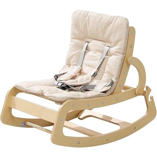3-in-1 Baby Bouncer Adjustable Wooden Rocker Chair, Ergonomic Design Baby Lounger with Removable Cushion,Seat Belt and Booster, Recliner for Infants to Toddler (Beige)