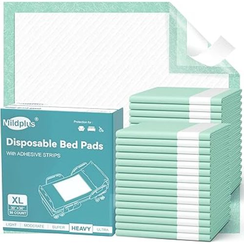 MILDPLUS Bed Pads with Adhesive Strips 30''X36'', 30 Count Chucks Disposable Underpads Extra Large Thicker Incontinence Pads for Unisex Adult, Senior, Kids and Pet (with Adhesive )