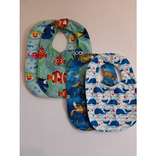 Baby whales/Shark and/or Sea Turtle/ finding nemo with licensed fabric bib great shower or gender reveal gift