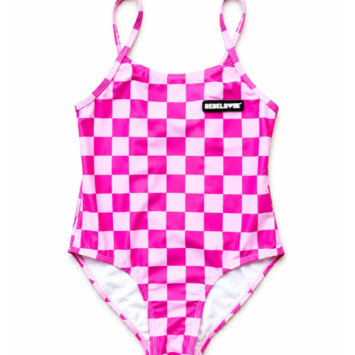 UPF50+ Girls Bow-Back One Piece Swimsuit in Bubble Gum Checkered